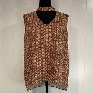 Jieru Blouse V-Neck Choker Collar Sleeveless Orange Leaf Patterned Size Large